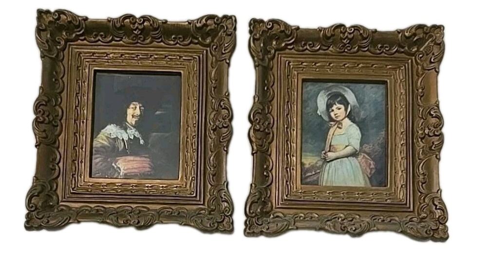 Vintage Set 2 Portrait Prints Ornate Gold Frames Illinois Moulding Co Antique
